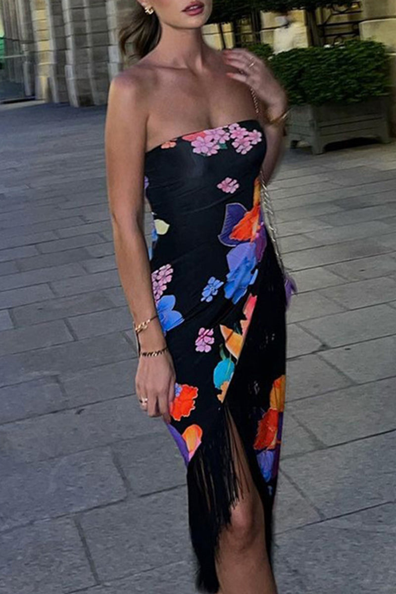 Sexy Celebrities Floral Tassel Backless Strapless Irregular Dress Dresses