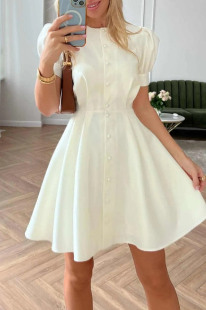 Casual Solid Patchwork O Neck Short Sleeve Dress White