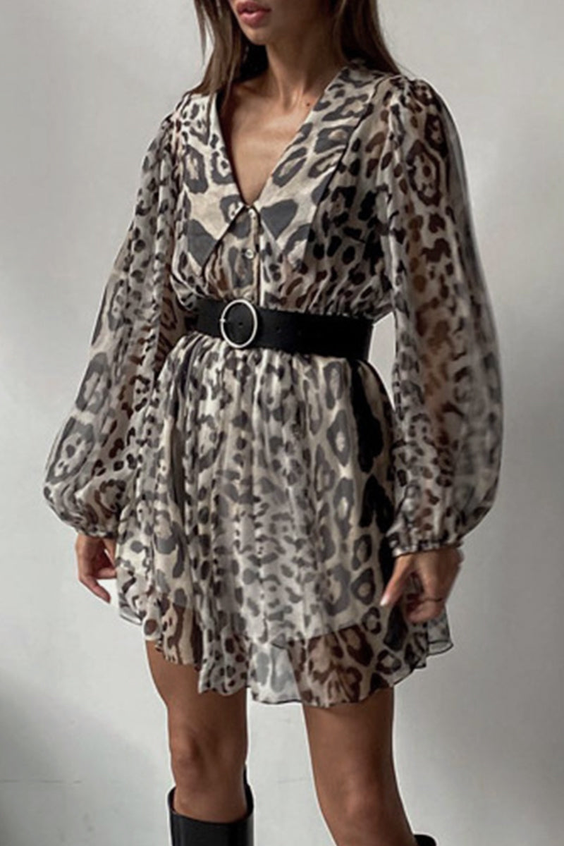 Vintage Elegant Leopard Patchwork With Belt Turndown Collar A Line Dresses