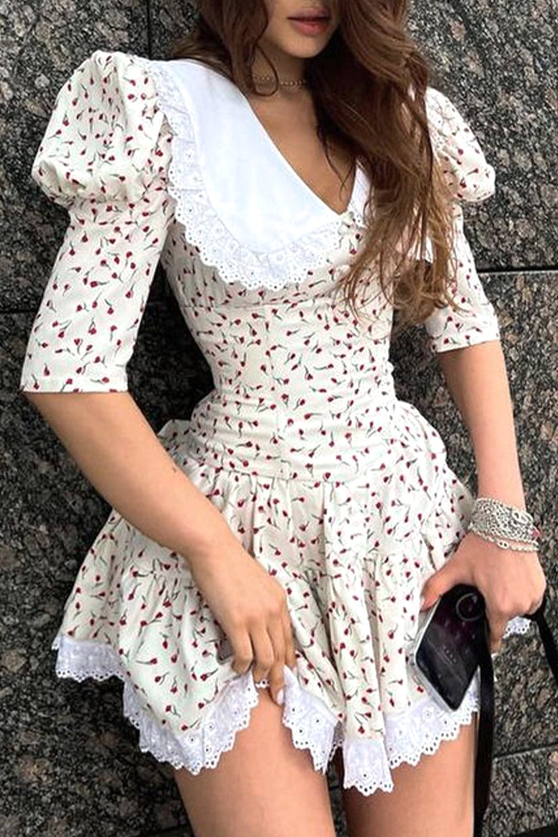 Elegant Print Flowers Frenulum Peter Pan Collar Princess Dresses Cream White