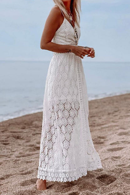 Sexy Vacation Solid Lace V Neck Sling Dress Dresses