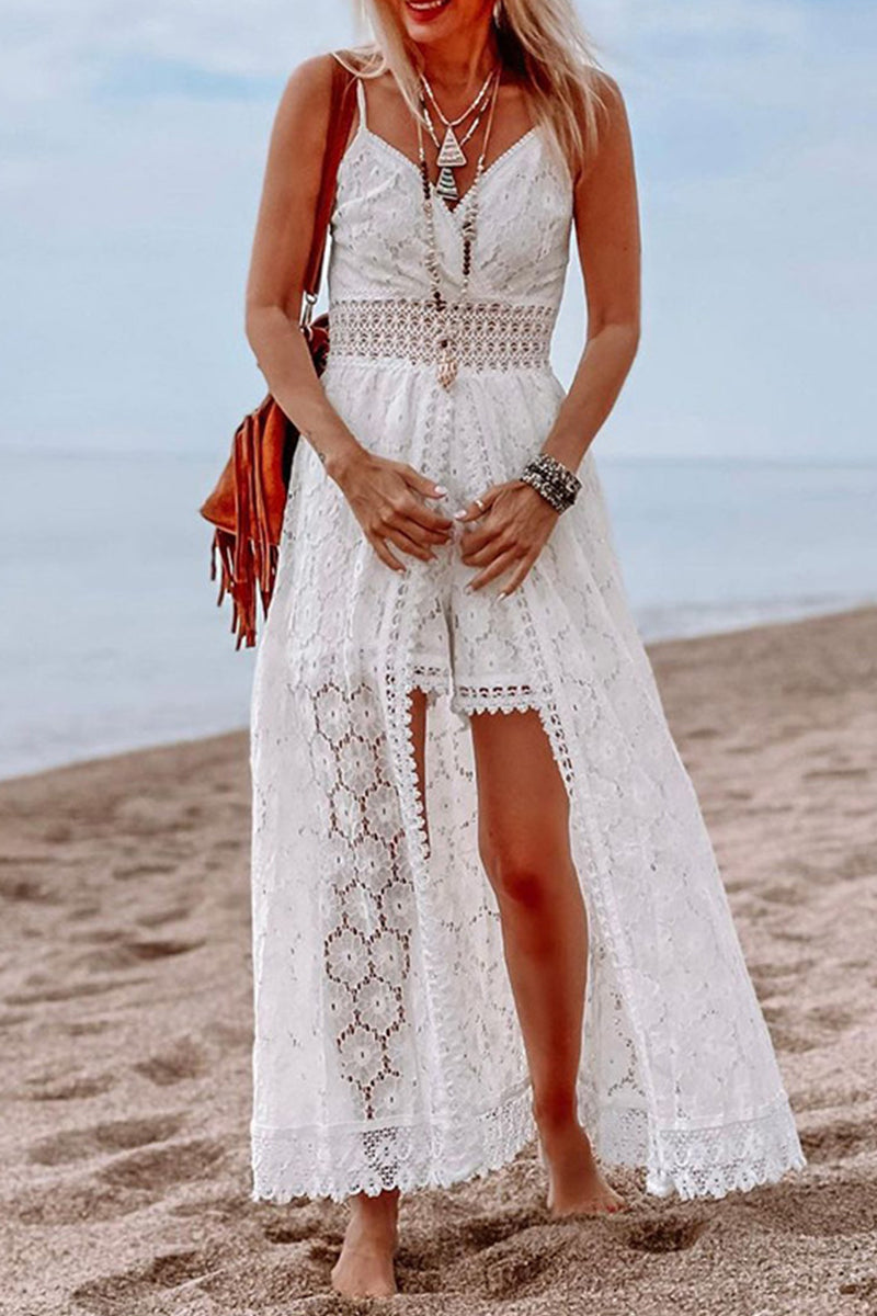 Sexy Vacation Solid Lace V Neck Sling Dress Dresses White