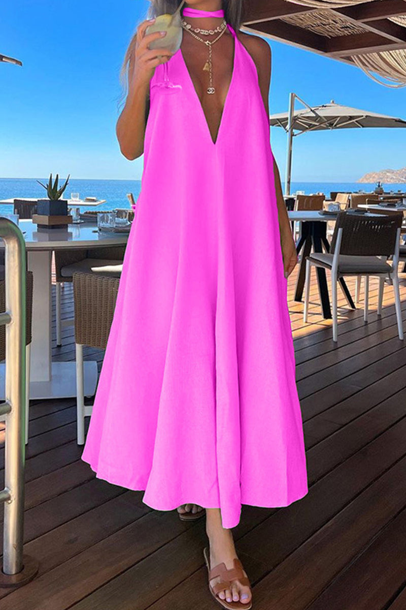 Elegant Simplicity Solid Frenulum Halter Sleeveless Dress Dresses Rose Red