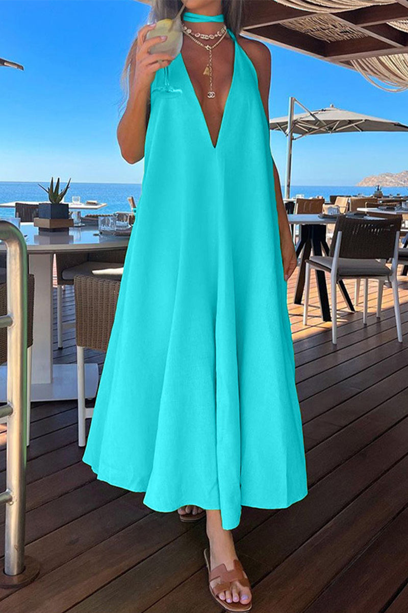 Elegant Simplicity Solid Frenulum Halter Sleeveless Dress Dresses Sky Blue