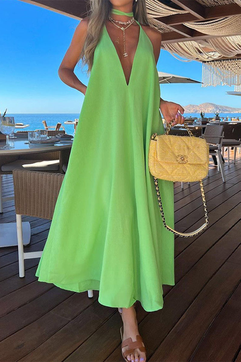 Elegant Simplicity Solid Frenulum Halter Sleeveless Dress Dresses Light Green