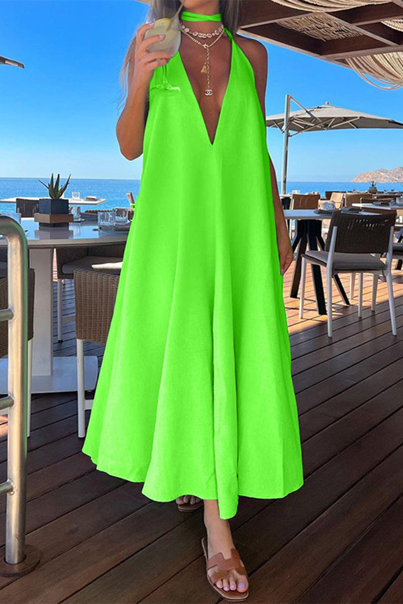 Elegant Simplicity Solid Frenulum Halter Sleeveless Dress Dresses Fluorescent Green