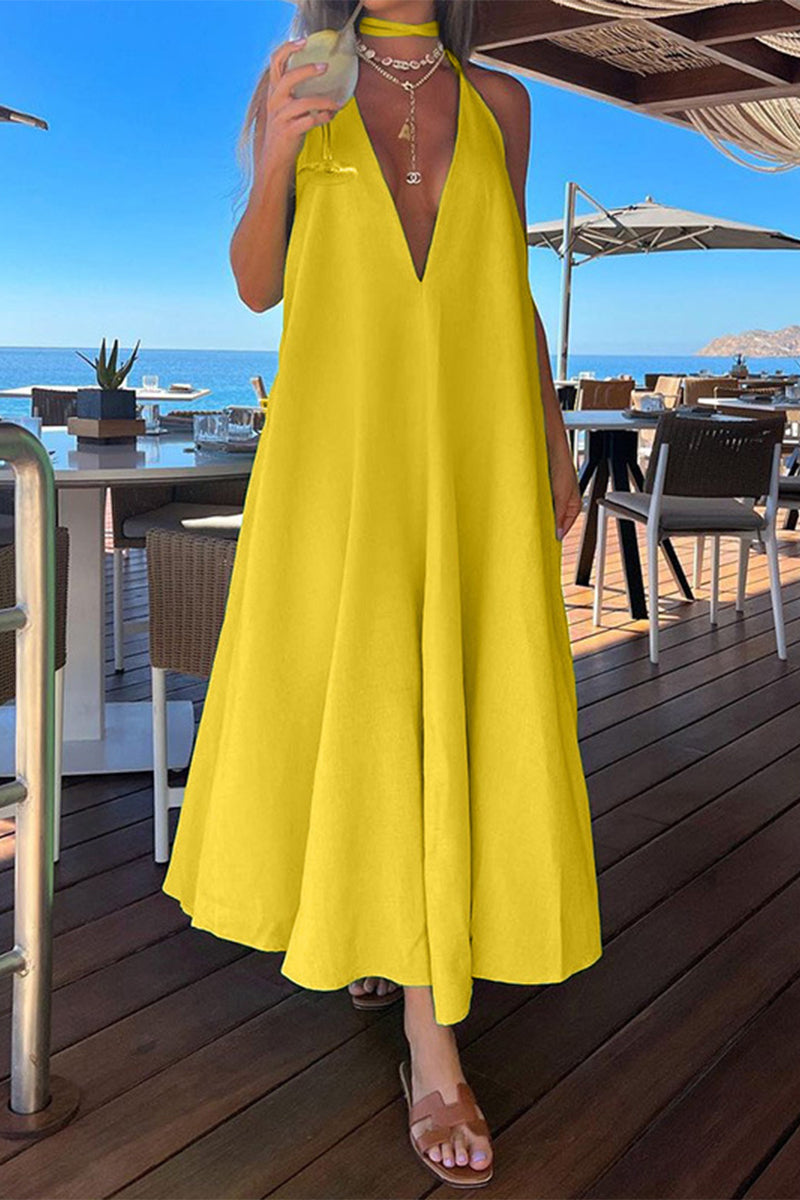 Elegant Simplicity Solid Frenulum Halter Sleeveless Dress Dresses Yellow