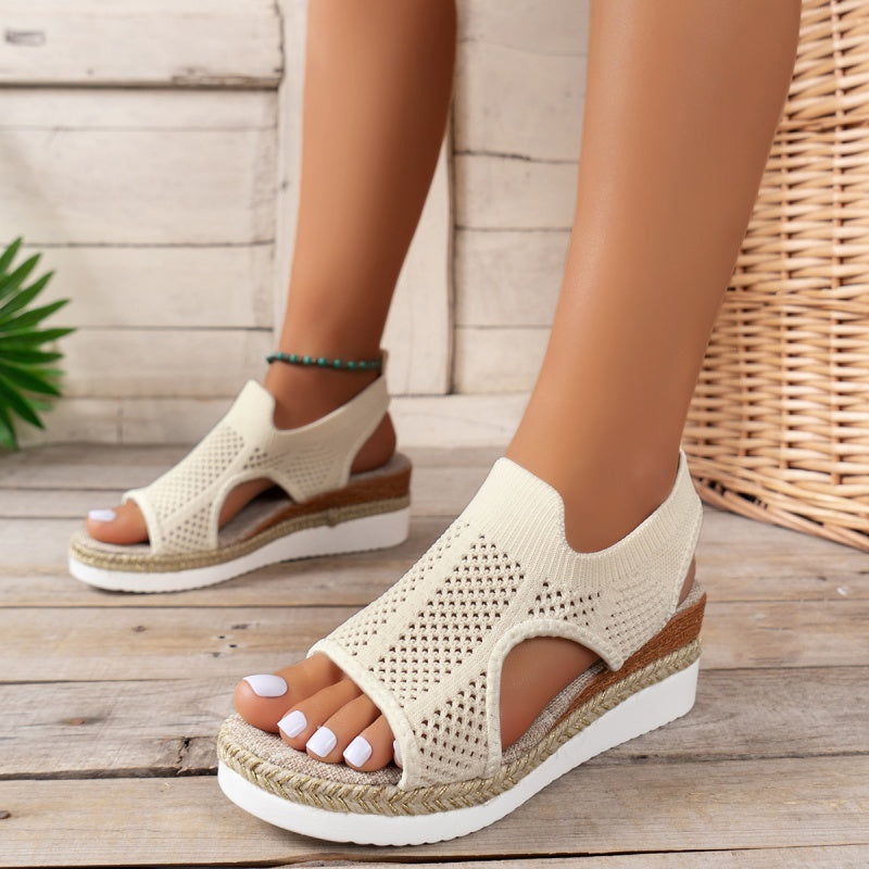 Casual Hollowed Out Patchwork Contrast Fish Mouth Out Wedges Shoes (Heel Height 2.16in) Cream White