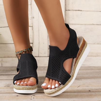 Casual Hollowed Out Patchwork Contrast Fish Mouth Out Wedges Shoes (Heel Height 2.16in) Black