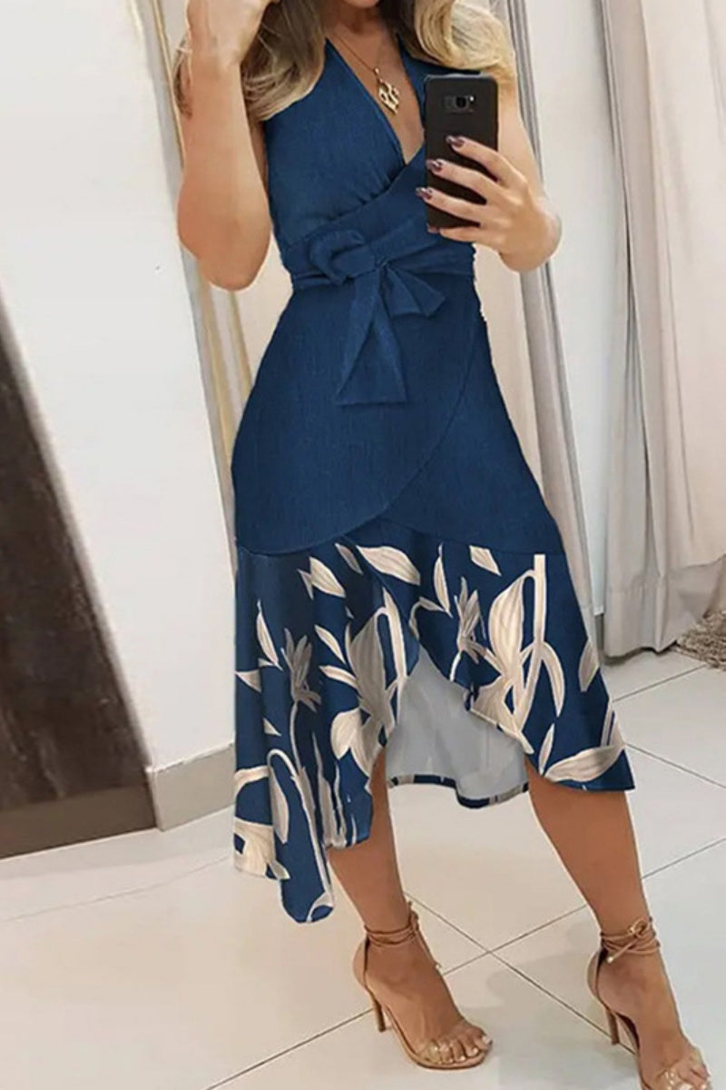 Casual Print Patchwork Frenulum V Neck Sleeveless Dress Dresses Navy Blue