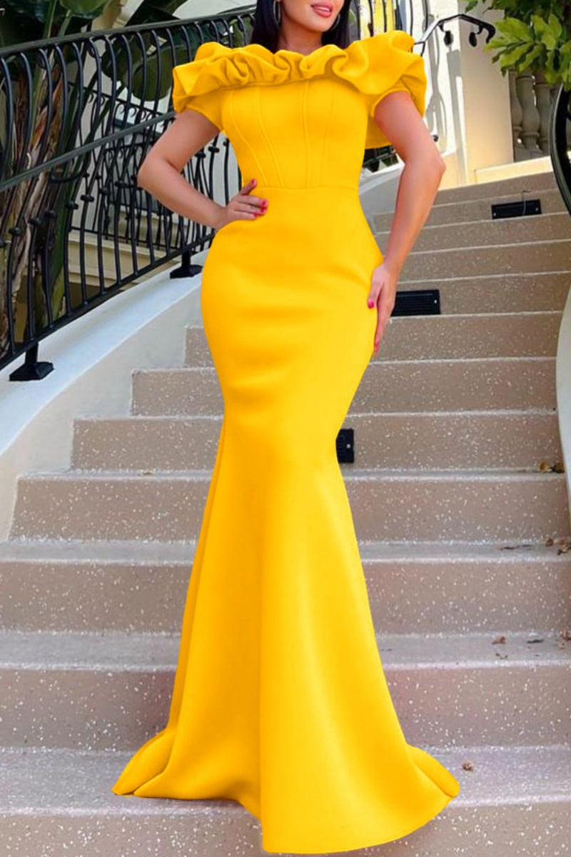 Formal Solid Patchwork Off the Shoulder Trumpet Mermaid Dresses Golden Yellow