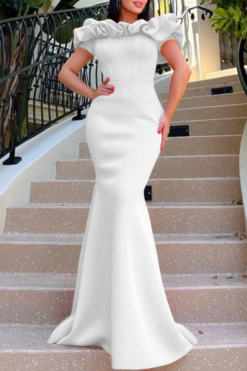 Formal Solid Patchwork Off the Shoulder Trumpet Mermaid Dresses White