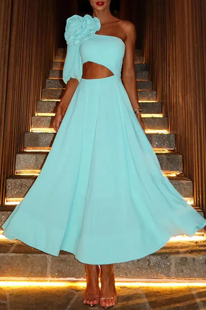 Celebrities Elegant Solid Appliques Oblique Collar Princess Dresses Sky Blue