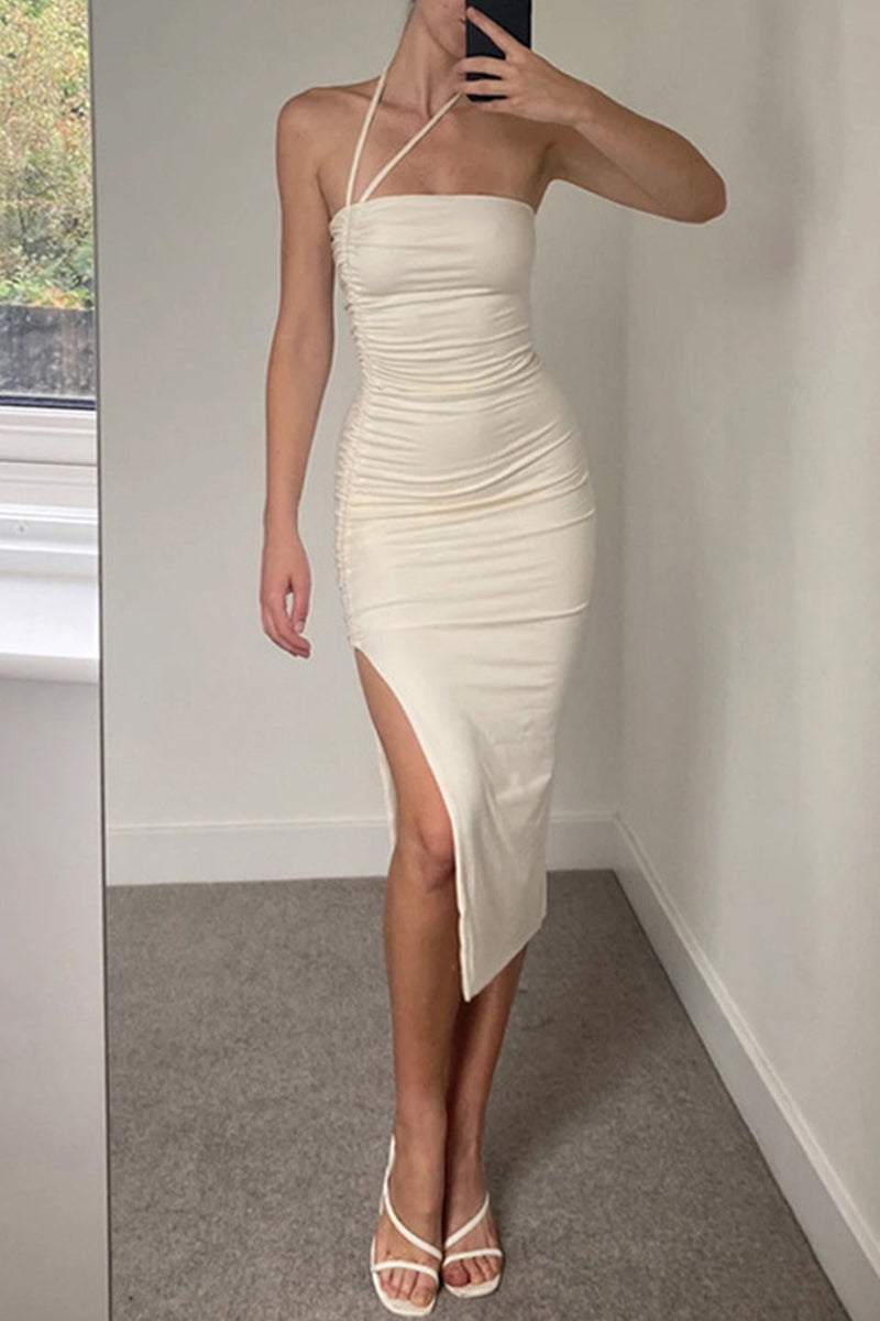 Sexy Solid Draw String Frenulum Slit Strapless Wrapped Skirt Dresses(Wear in a variety of ways)