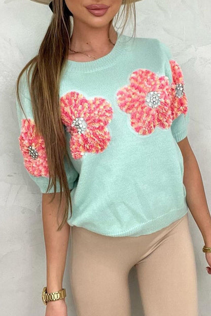 Sweet Solid Appliques Contrast O Neck Tops