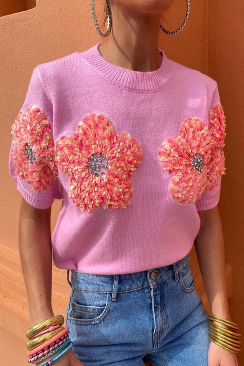 Sweet Solid Appliques Contrast O Neck Tops Pink