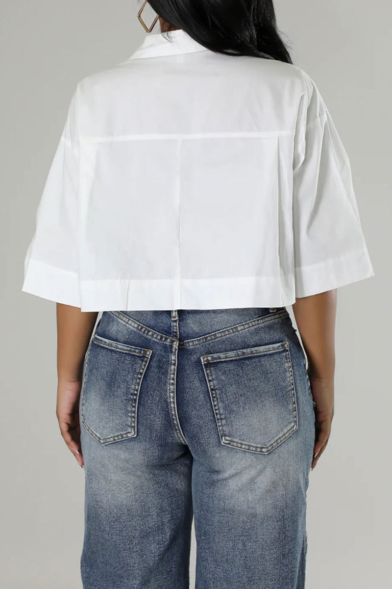 Casual Solid Patchwork Pocket Buckle Shirt Collar Tops