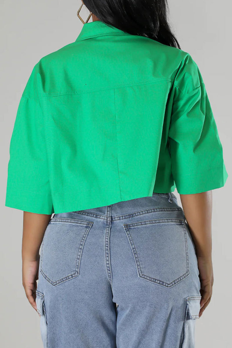 Casual Solid Patchwork Pocket Buckle Shirt Collar Tops