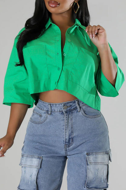 Casual Solid Patchwork Pocket Buckle Shirt Collar Tops Green