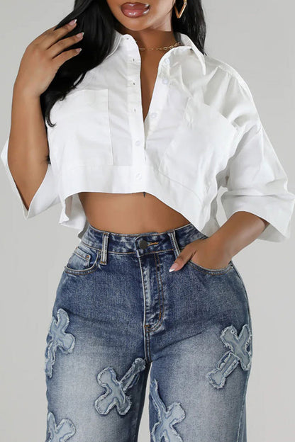 Casual Solid Patchwork Pocket Buckle Shirt Collar Tops White