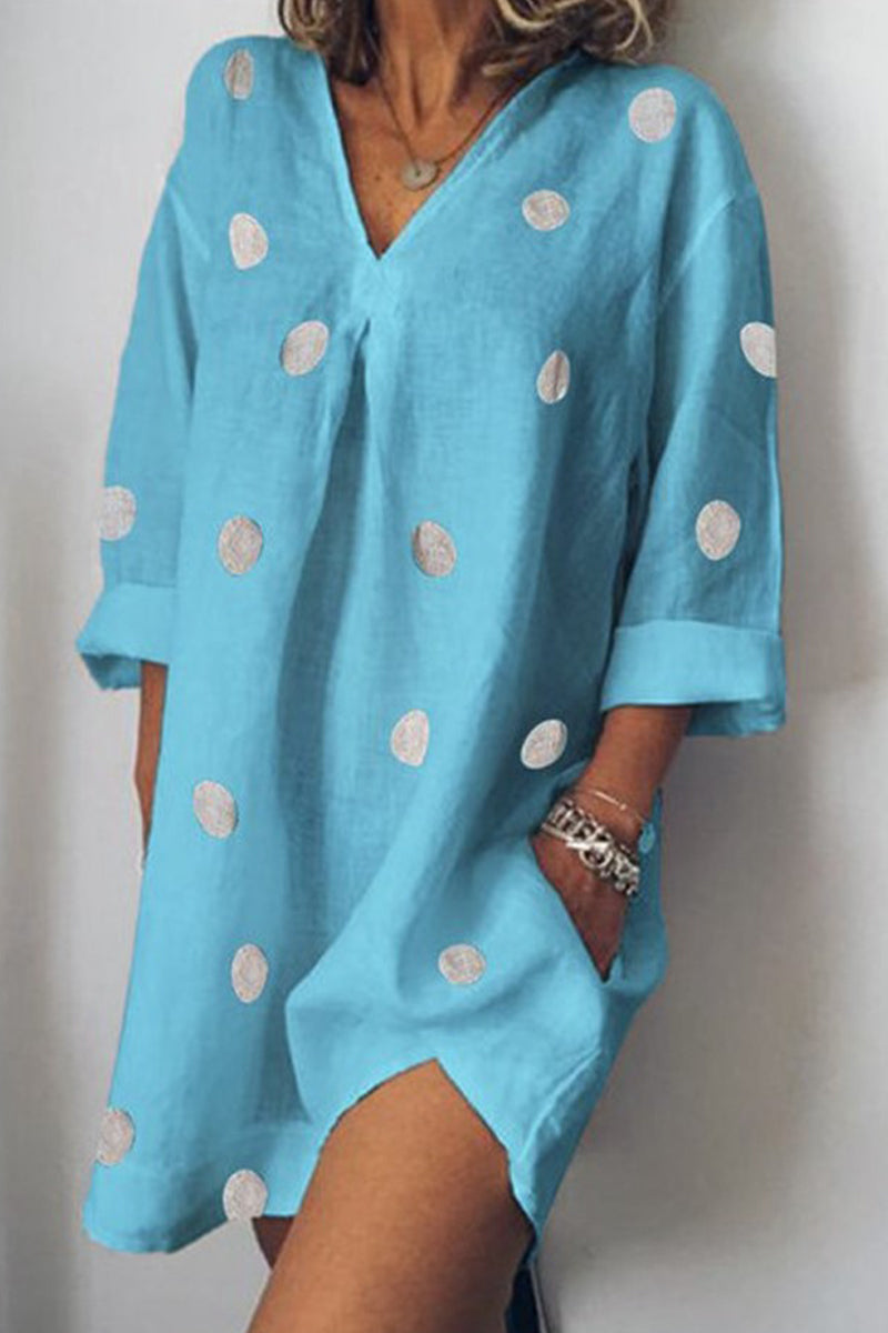 Casual Polka Dot Pocket V Neck Printed Dress Dresses Light Blue