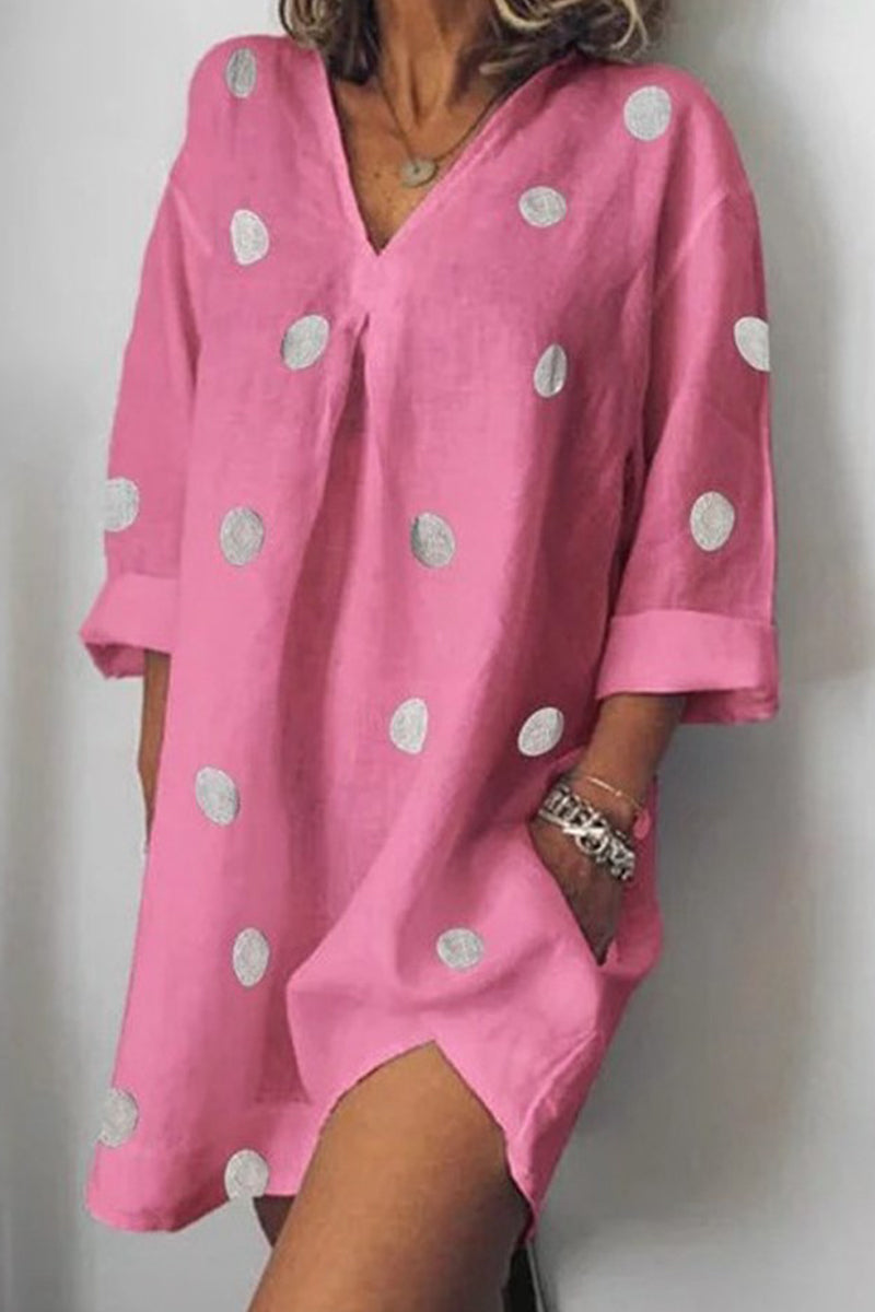 Casual Polka Dot Pocket V Neck Printed Dress Dresses Pink