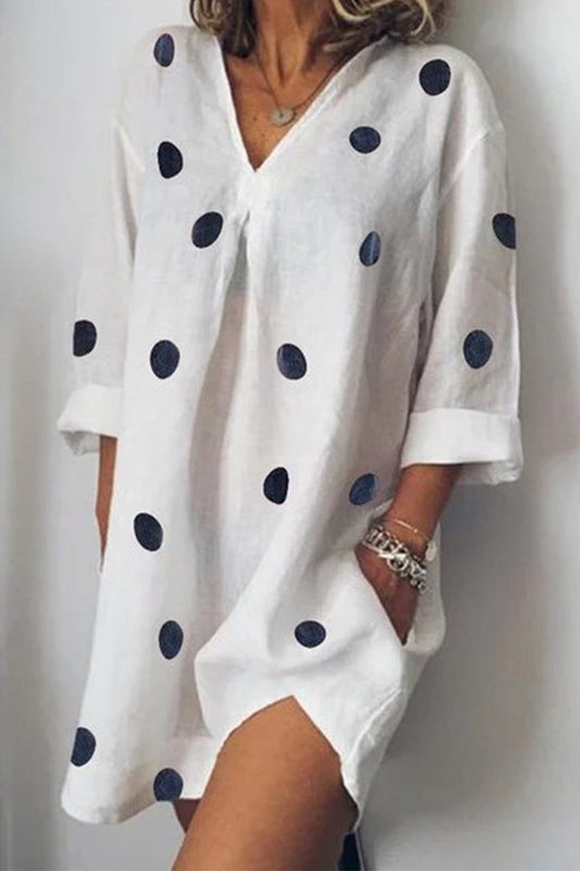 Casual Polka Dot Pocket V Neck Printed Dress Dresses White