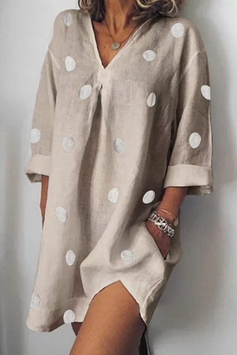 Casual Polka Dot Pocket V Neck Printed Dress Dresses Grey