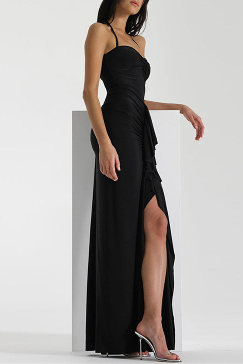 Sexy Solid Backless Slit Fold Halter Wrapped Skirt Dresses