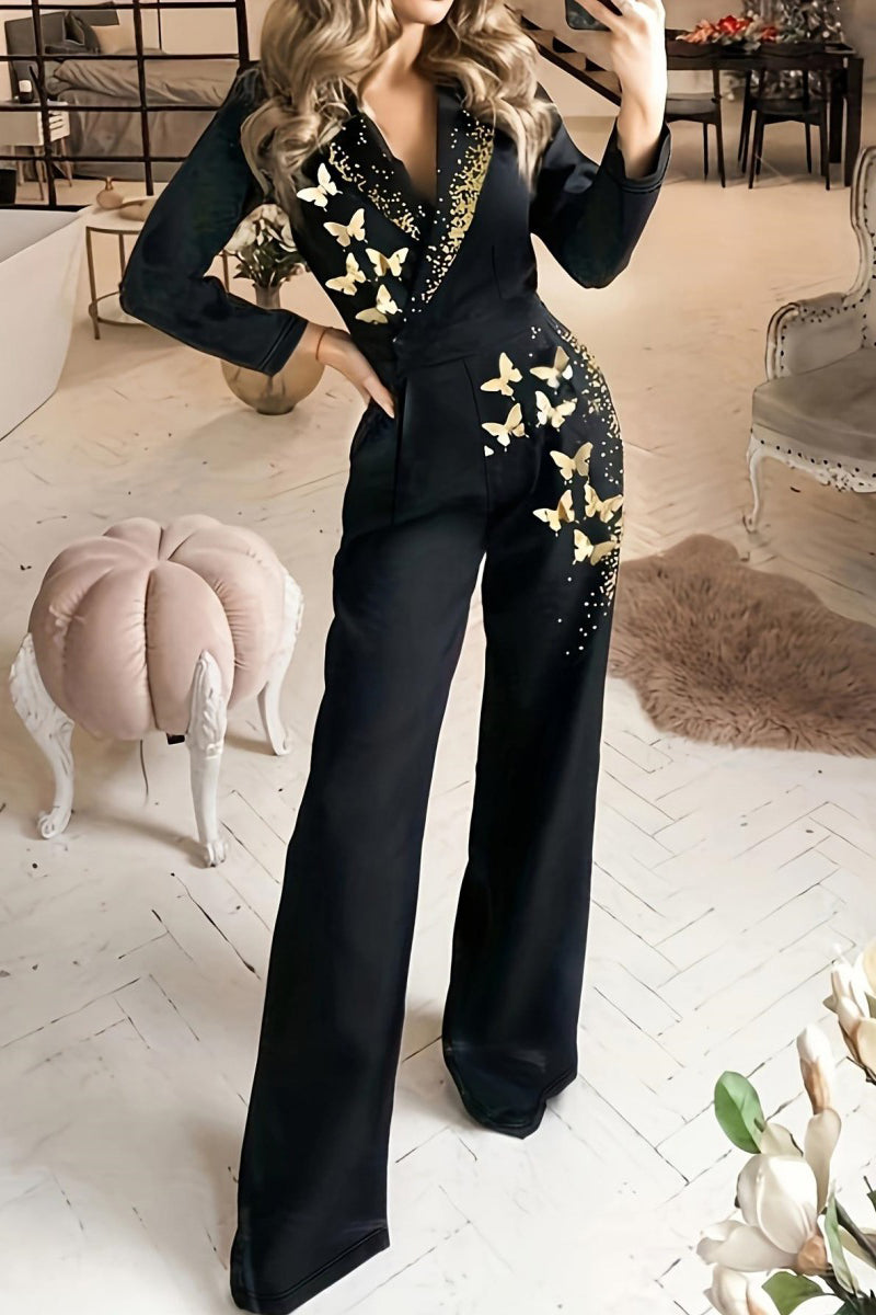 Elegant Butterfly Print Pocket V Neck Regular Jumpsuits Black