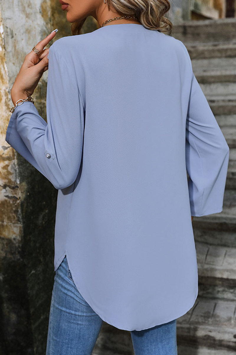 Casual Simplicity Solid Buttons Fold V Neck Tops