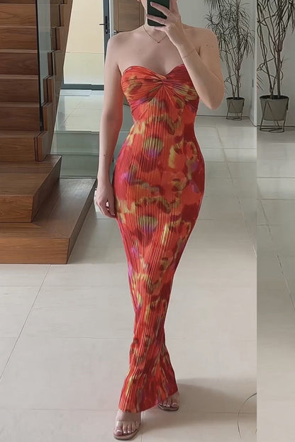 Sexy Vacation Geometric Print Fold Strapless One Step Skirt Dresses Tangerine Red