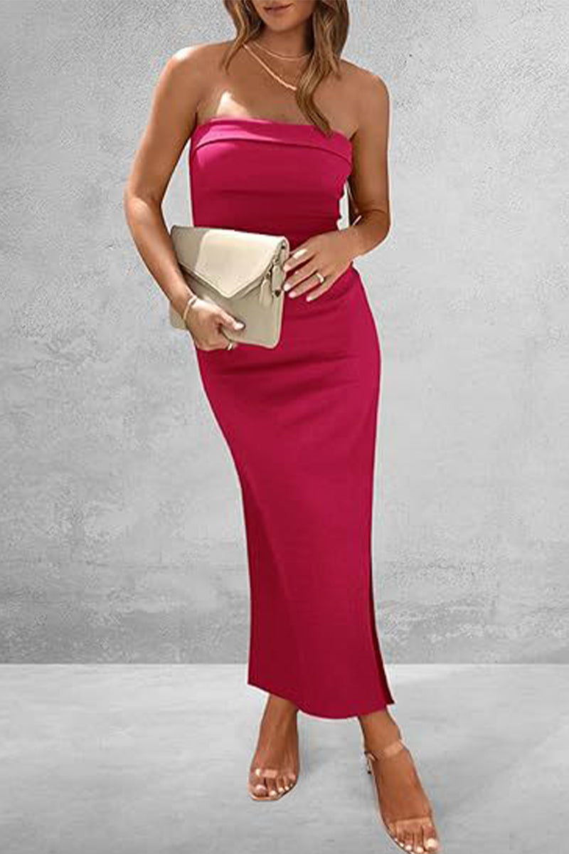 Sexy Simplicity Solid Strapless One Step Skirt Dresses Rose Red