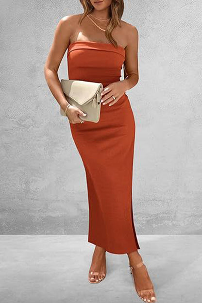 Sexy Simplicity Solid Strapless One Step Skirt Dresses Tangerine Red