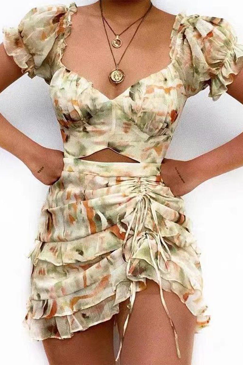 Sexy Floral Draw String Flounce V Neck Irregular Dresses