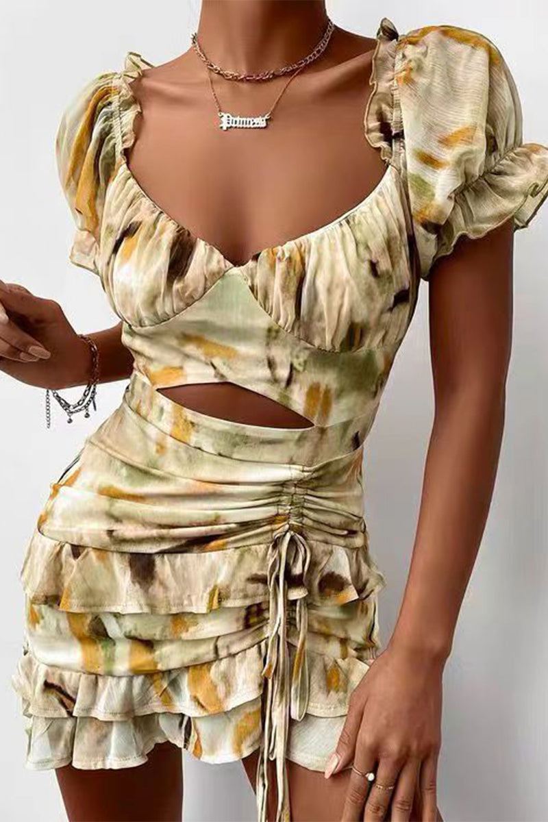 Sexy Floral Draw String Flounce V Neck Irregular Dresses Khaki