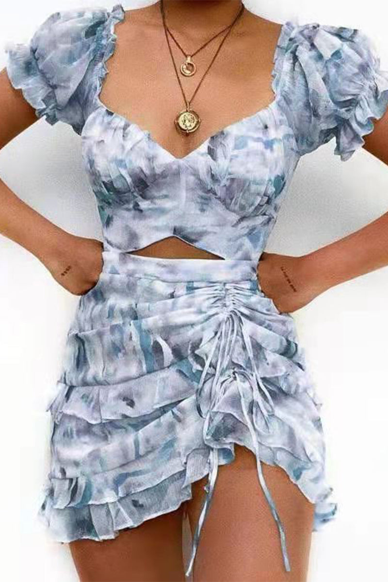 Sexy Floral Draw String Flounce V Neck Irregular Dresses Blue