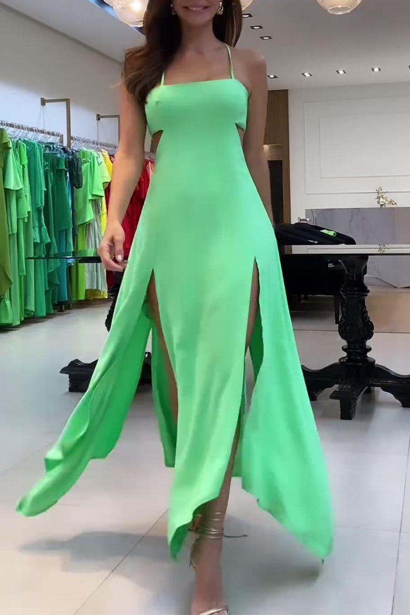 Sexy Vacation Solid Backless Slit Strap Design Dresses Light Green