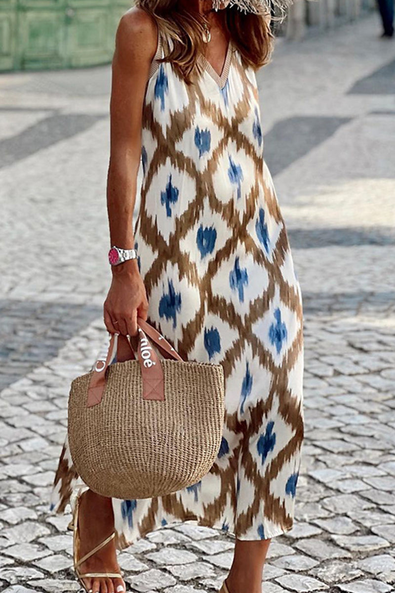 Casual Geometric Print Patchwork V Neck Sling Dresses Coffee