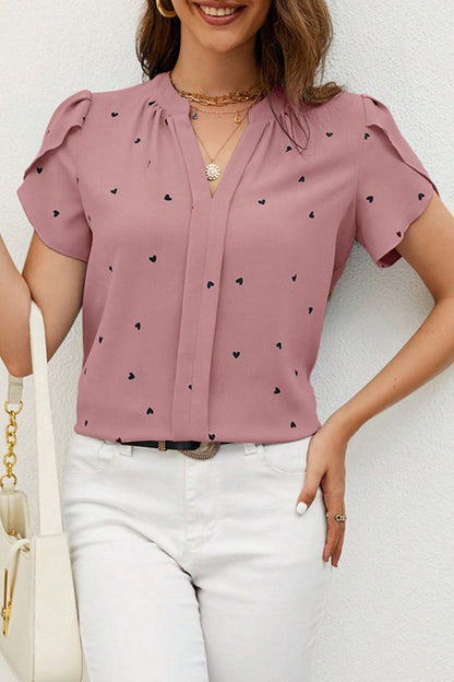 Casual Love Print Patchwork V Neck Tops Pink