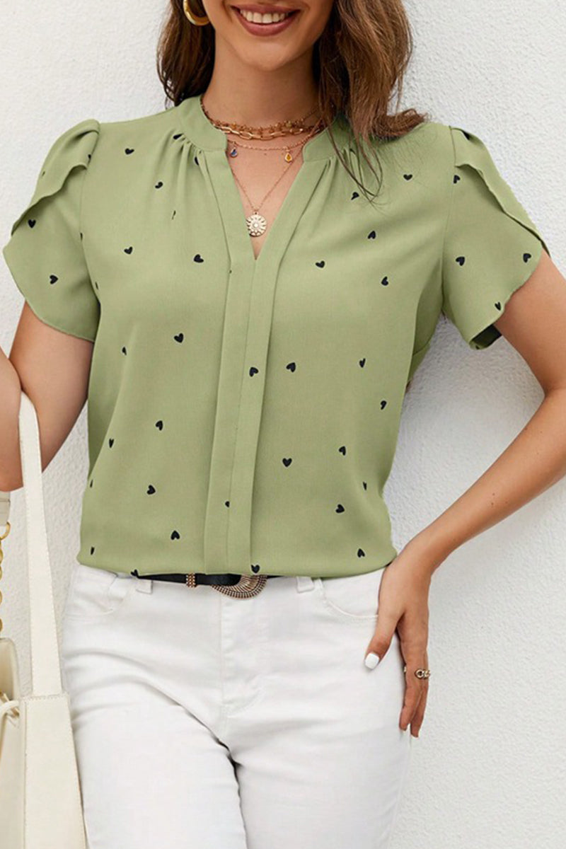 Casual Love Print Patchwork V Neck Tops Green