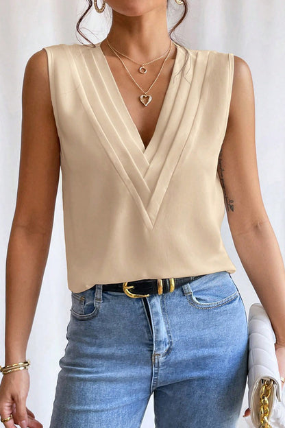 Elegant Simplicity Solid Fold V Neck Tops Apricot