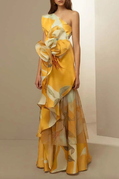 Elegant Floral Flounce Oblique Collar Evening Dresses Yellow