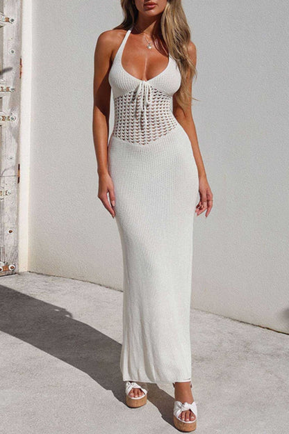 Sexy Solid Hollowed Out Frenulum Backless Halter Long Dresses White