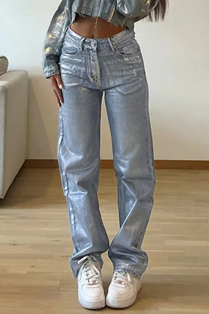 Casual Street Solid Bronzing Contrast High Waist Loose Denim Jeans Blue