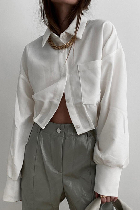 Elegant Solid Pocket Fold Turndown Collar Tops White