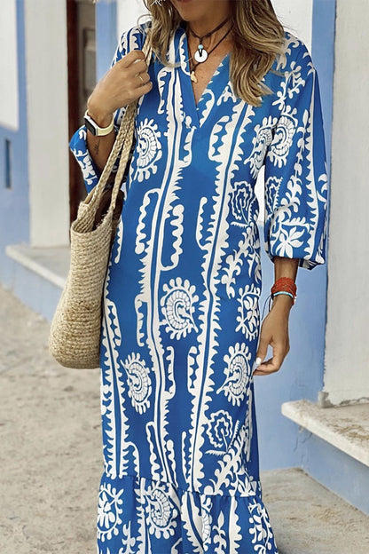 Casual Vintage Geometric Print V Neck A Line Dresses Blue