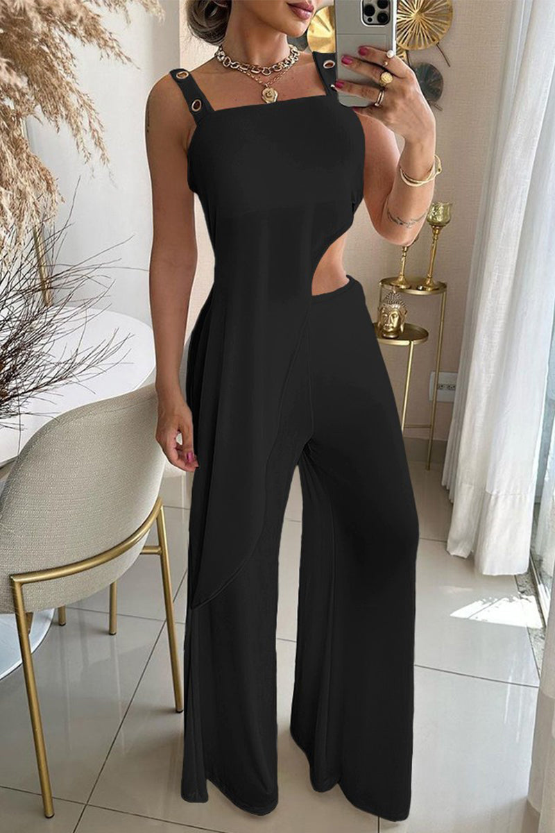 Casual Simplicity Solid Asymmetrical Sleeveless Two Pieces Black