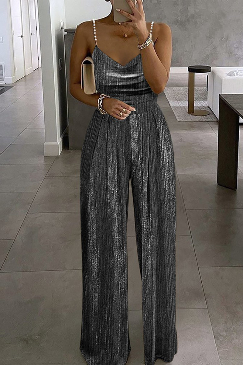 Casual Solid Beading Fold U Neck Loose Jumpsuits Grey