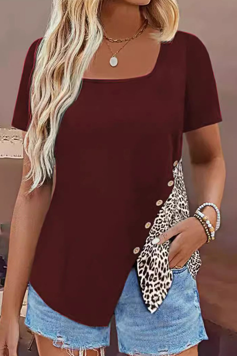 Casual Leopard Patchwork Buttons Square Collar T-Shirts Burgundy